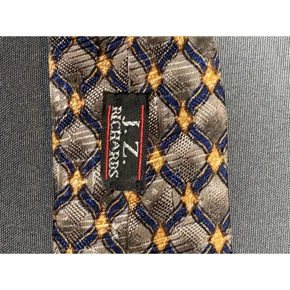 J.Z. Richards Men’s Silk Tie Gray Navy Gold Geometric Handmade USA 59”